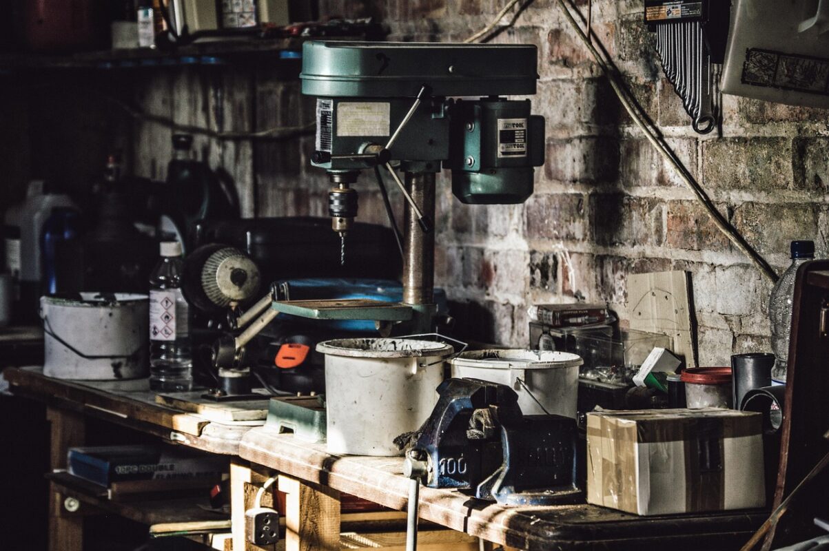 Folded sports equipment stored in a garage
